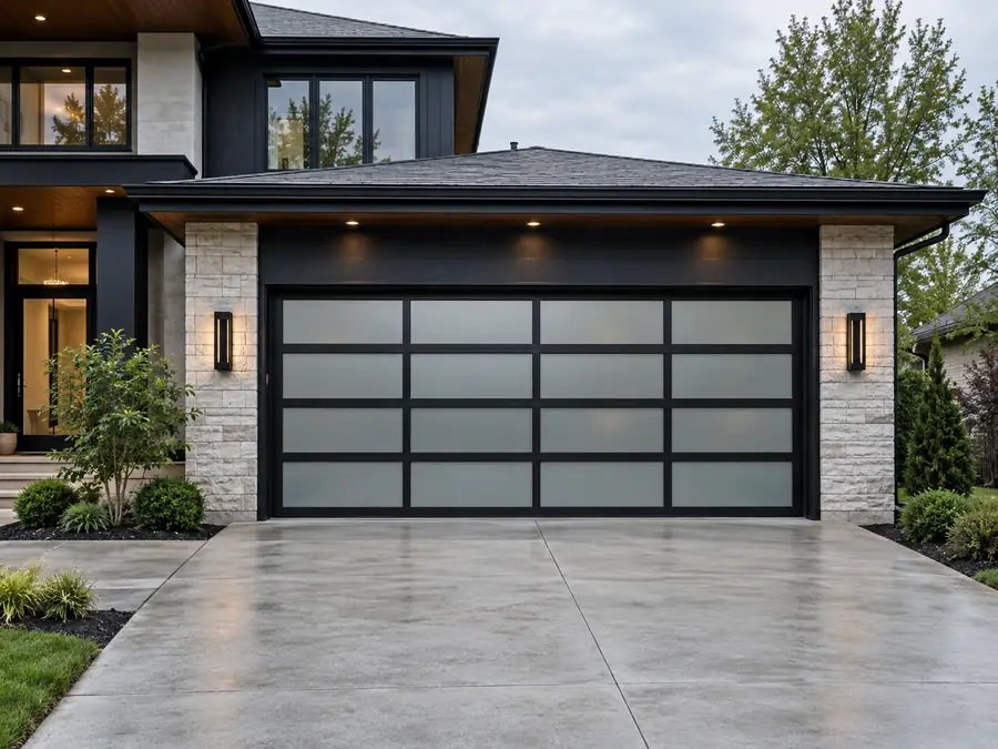 Modern black aluminum and glass residential garage door Modern black aluminum and glass residential garage door