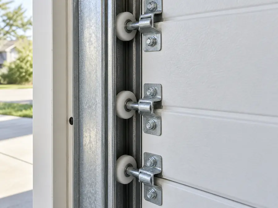 Aligned nylon garage door rollers inside a steel track Aligned nylon garage door rollers inside a steel track