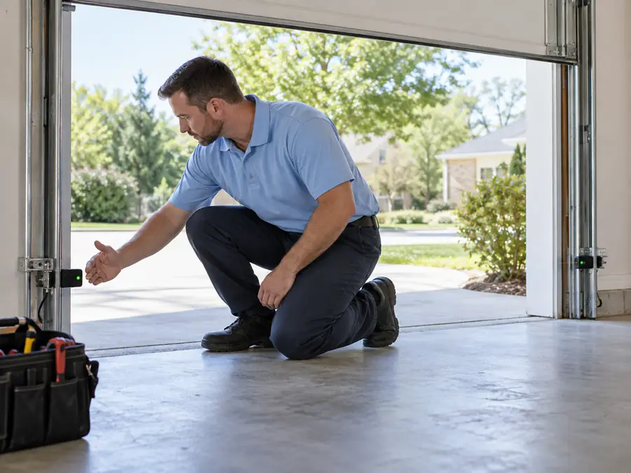 Technician testing garage door safety sensors Technician testing garage door safety sensors