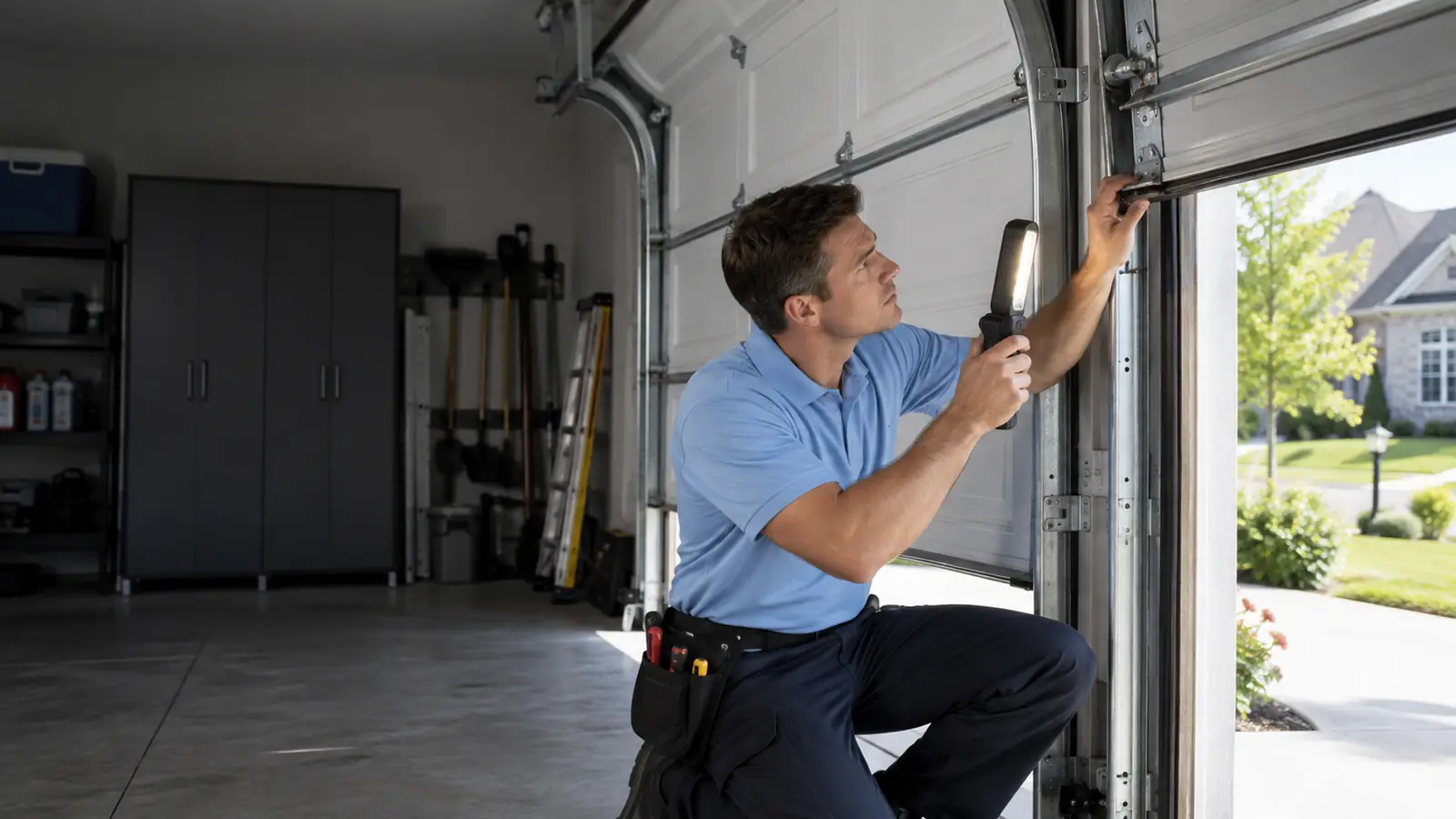 Choosing a garage door company in Zionsville Garage door technician inspecting a residential door